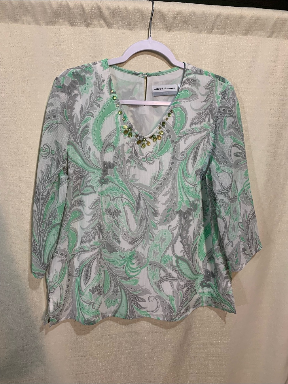 Alfred Dunner Mint and Gray Paisley V-Neck Blouse with Bead Detail a1/8